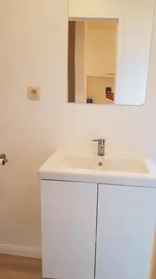 a bathroom with a white sink and a mirror at B44 appartment in Brussels