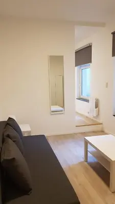 a living room with a couch and two windows at B44 appartment in Brussels
