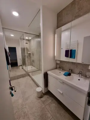 a bathroom with a white sink and a shower at BB GUESTHOUSE in Wezembeek-Oppem