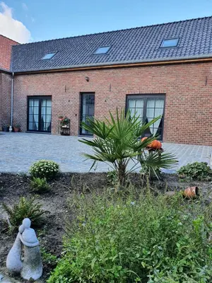 a brick building with windows and a plant in front of it at B&B Dekorn in Pepingen
