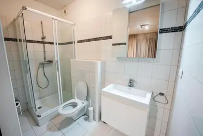 a bathroom with a toilet and a shower and a sink at Apartment with Stunning View in City Center in Brussels