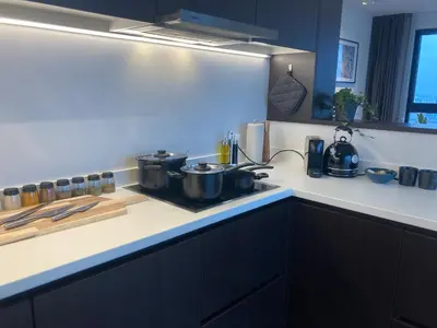 a kitchen with pots and pans on a stove at London Tower Apartments - Antwerp in Antwerp