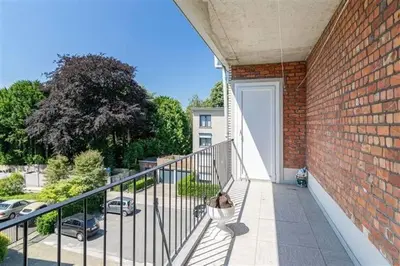 a dog sitting on the balcony of a house at SUPERB FLAT WITH 3 BEDROOMS PARKING AND BALCONy in Antwerp