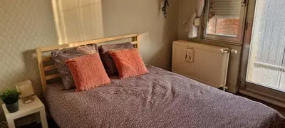 a bedroom with a bed with pillows and a window at SUPERB FLAT WITH 3 BEDROOMS PARKING AND BALCONy in Antwerp