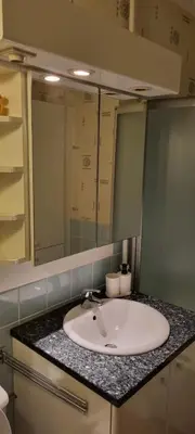 a bathroom with a sink and a mirror at SUPERB FLAT WITH 3 BEDROOMS PARKING AND BALCONy in Antwerp