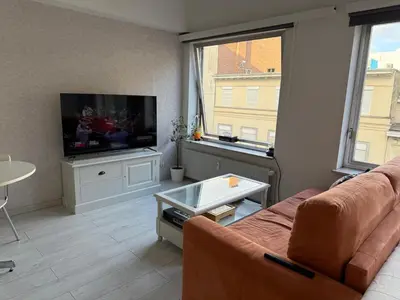 a living room with a couch and a flat screen tv at Lovely condo next to European Area in Brussels