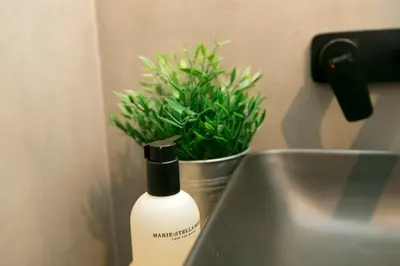 a bottle of moisturizing soap in a sink with a plant at Golden Dove Luxury Aparts in Brussels