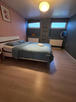 a bedroom with a bed and two windows at Bruxelles ma belge in Brussels