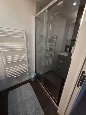 a shower with a glass door in a bathroom at Bruxelles ma belge in Brussels