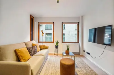 a living room with a couch and a flat screen tv at Mooie vernieuwde Duplex in hartje Gent , Patershol in Ghent