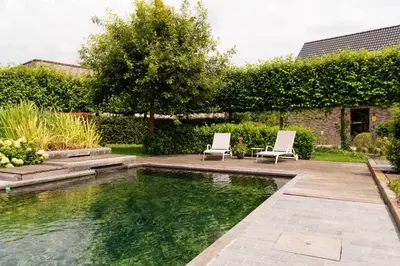 a swimming pool in a garden with two lawn chairs at 'De Zandrug' vakantiehoeve - B&B in Stekene