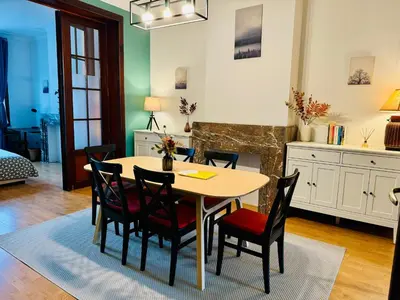 a dining room with a table and chairs and a fireplace at Cozy, comfortable apt, well located - EU ULB VUB in Brussels
