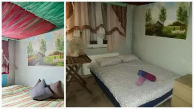 two pictures of a bedroom with a bed and a room with at Lockable room center in Antwerp