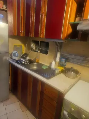 a kitchen with wooden cabinets and a sink at Lockable room center in Antwerp