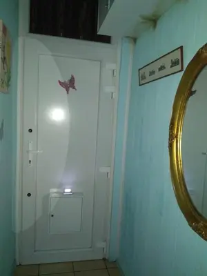 a white door with a butterfly on it next to a mirror at Lockable room center in Antwerp