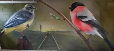 a painting of two birds sitting on a tree branch at Station 25A in Duffel