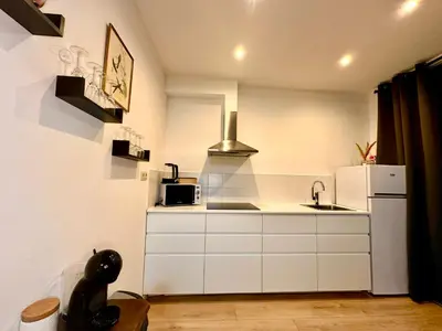 a white kitchen with a sink and a refrigerator at Luxury Suites Centrum by Rikas Hotels in Antwerp