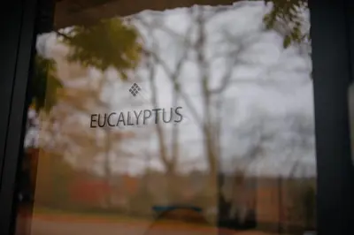 a glass window with a tree in the background at Chambres d'hôtes Eucalyptus et Glycine in Genval