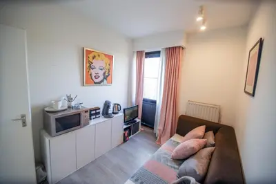a living room with a couch and a tv at Privé kamer met gedeelde badkamer - rand Antwerpen - afrit E313 Wommelgem in Antwerp