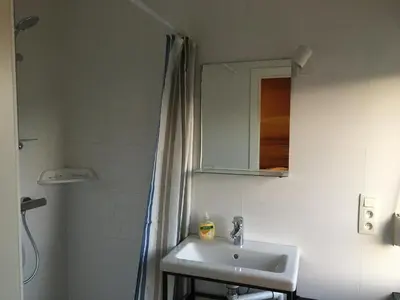 a bathroom with a sink and a shower and a mirror at Les Cerises, charmante maison au calme in Wavre