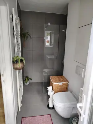 a small bathroom with a toilet and a shower at Cosy Apartment with Big Quiet & Sunny terras in Ghent