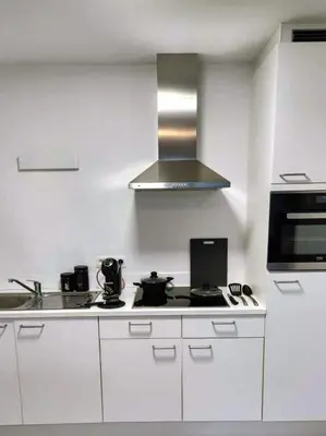 a white kitchen with a stove and a microwave at BRUSSELS EXPO APARTMENT in Brussels