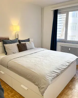 a large white bed in a bedroom with a window at Cosy two bedroom apartment in Brussels in Brussels
