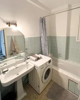 a bathroom with a sink and a washing machine at Cosy two bedroom apartment in Brussels in Brussels