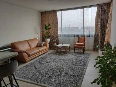 a living room with a leather couch and a rug at Mathilde in Brussels