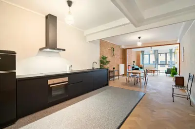 a kitchen with black cabinets and a living room at Two-Bedroom Apartments in the Heart of Antwerp in Antwerp