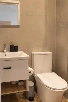 a bathroom with a white toilet and a sink at QUARTIER LOUISE STUDIOS in Brussels