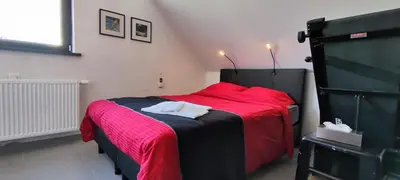 a bedroom with a bed with red and black sheets at Logeerkamer XXL 25 m2 in Zemst