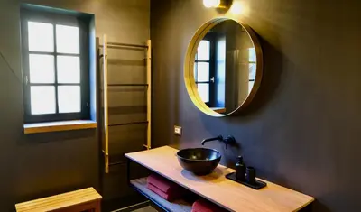 a bathroom with a sink and a mirror at Huis van luut in Tielt