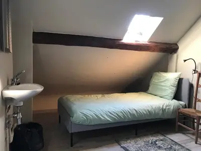 a room with a bed and a sink and a skylight at de Swaenhoeve in Zoersel