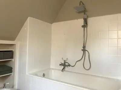 a bath tub with a shower in a bathroom at de Swaenhoeve in Zoersel