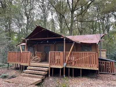 a house with a porch and stairs in the woods at de Swaenhoeve in Zoersel