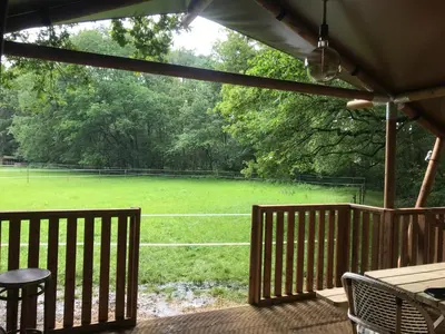 a screened porch with a view of a tennis court at de Swaenhoeve in Zoersel