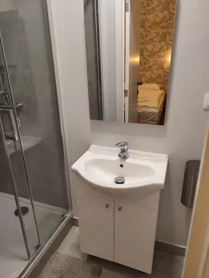 a bathroom with a sink and a shower at Studio Anvers in Antwerp