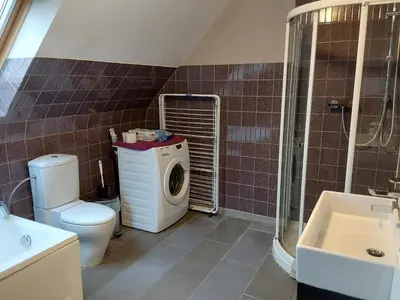 a bathroom with a washing machine and a toilet at loft/appartement golden dragon in Dessel