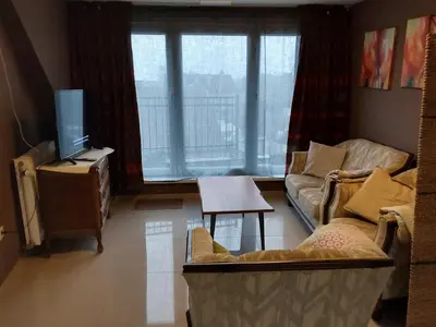 a living room with a couch and a tv at loft/appartement golden dragon in Dessel