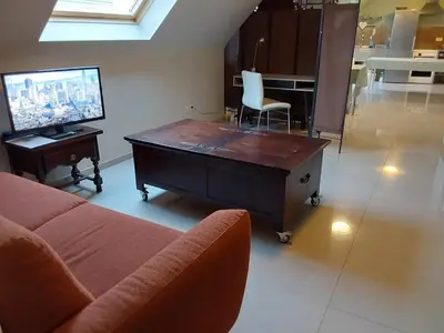 a living room with a couch and a tv at loft/appartement golden dragon in Dessel