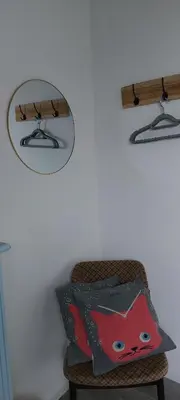 a pillow sitting on a chair with a mirror at De oude statie in Tessenderlo