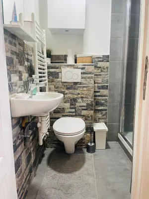 a bathroom with a toilet and a sink at Quiet and Colorfull Flat in the Center City of Brussels in Brussels