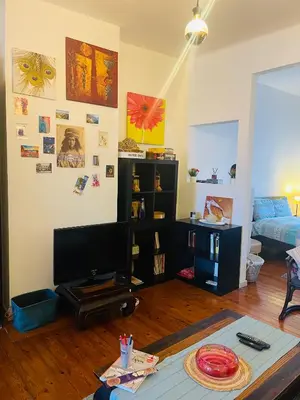a living room with a tv and a table at Quiet and Colorfull Flat in the Center City of Brussels in Brussels