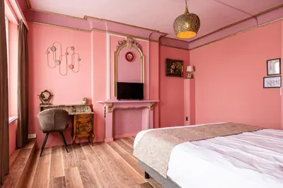 a bedroom with pink walls and a bed and a mirror at Boutique hotel Sies in Watervliet