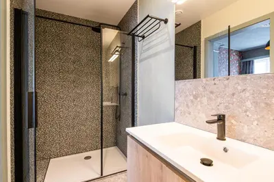 a bathroom with a sink and a shower at Boutique hotel Sies in Watervliet