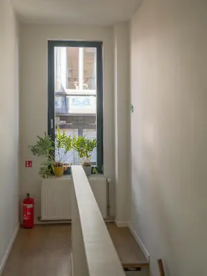 a hallway with a table and a window with plants at Julie's Boutique Guesthouse Ghent in Ghent