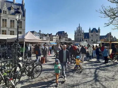 a group of people walking around a market in a city at Het Maelslot (Mechelen) in Mechelen