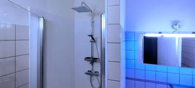 a bathroom with a shower with a mirror and a tv at Fitness loft 50 m2 in Zemst
