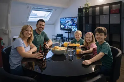 a family sitting at a table with beer and food at Fitness loft 50 m2 in Zemst